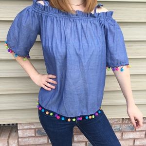 Chambray Off Shoulder Colorful Pom Poms Shoulder Ties Loose Fit Top Sz S NWT